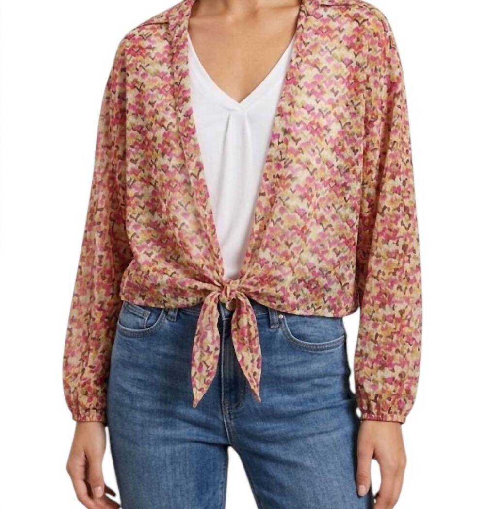 NEW JADE BY JANE waist adjustable tie puff sleeve blouse in pink multi